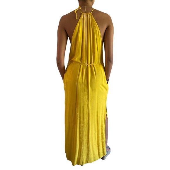 Urban Outfitters Halter Maxi Sun Dress Oversize XS Sleevless Slit Pockets Yellow - Picture 7 of 10